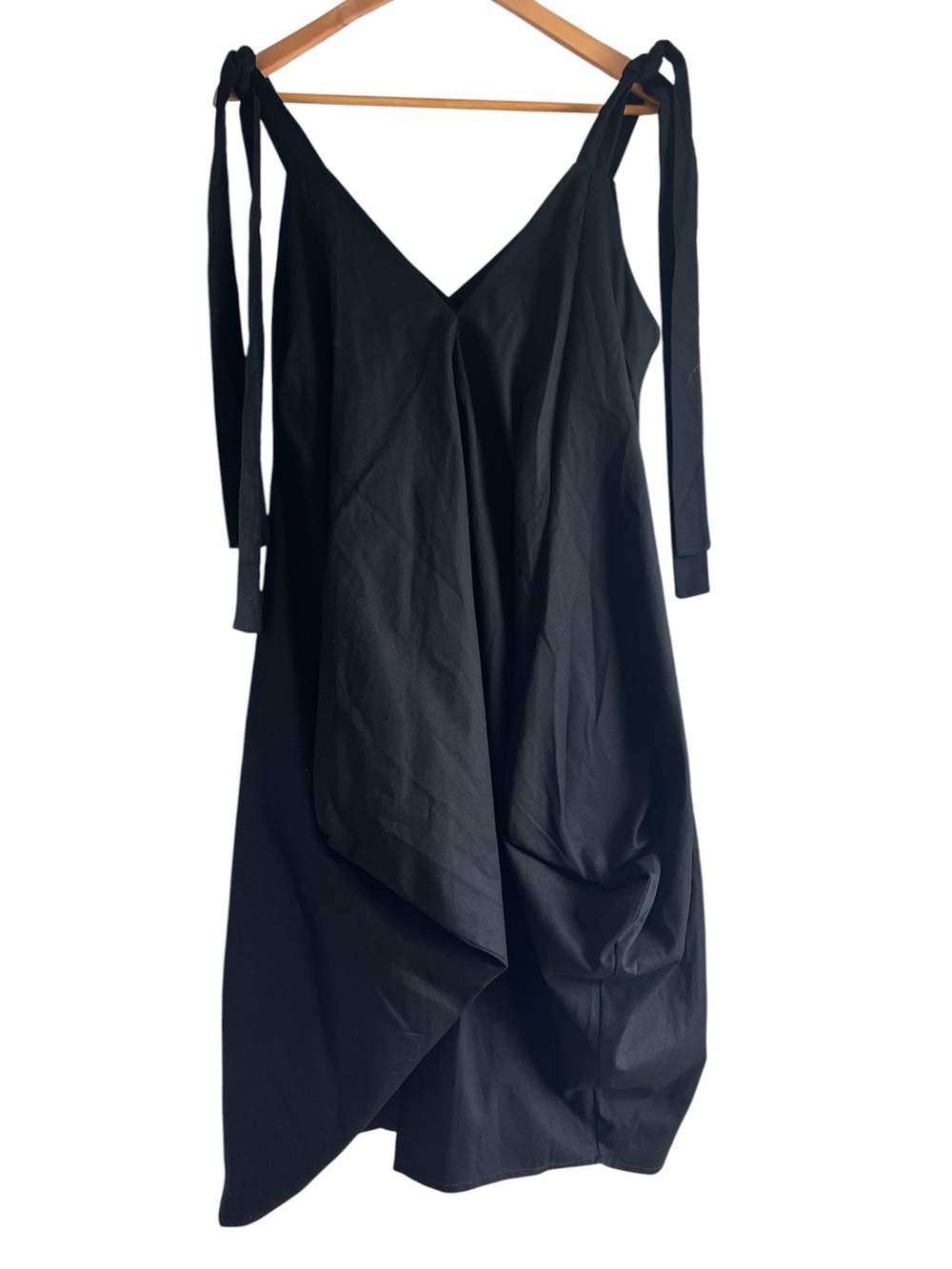 Johann Brun 🇬🇧 black thick cotton balloon hem sleeveless tie shoulder dress - Picture 11 of 15